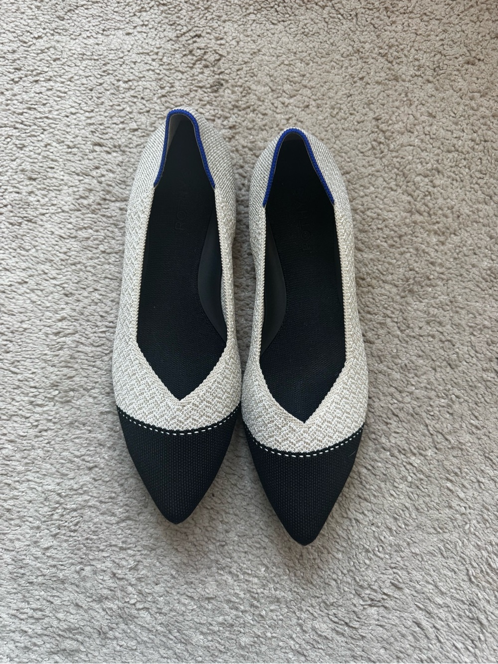 Rothy's Ivory and Black Pointed Toe Flats